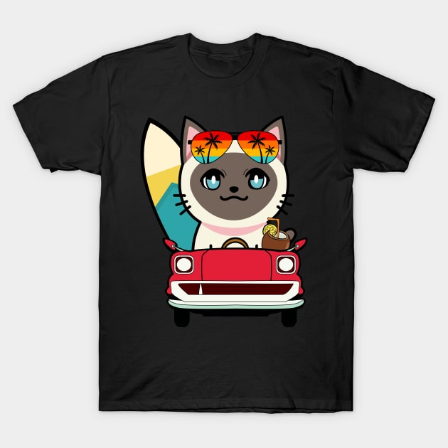 Cute siamese cat driving to the beach T-Shirt by Pet Station